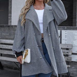 Plus Houndstooth Print Lantern Sleeve Double Breas